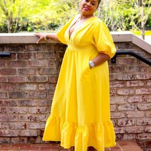 Yellow Maxi with Ruffle Hem and Puff Sleeves